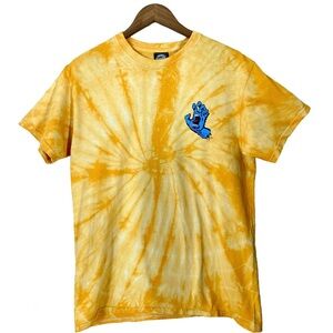 Santa Cruz Skateboarding Gold Yellow Tie Dye Tee Shirt Blue Hand Scream Graphic